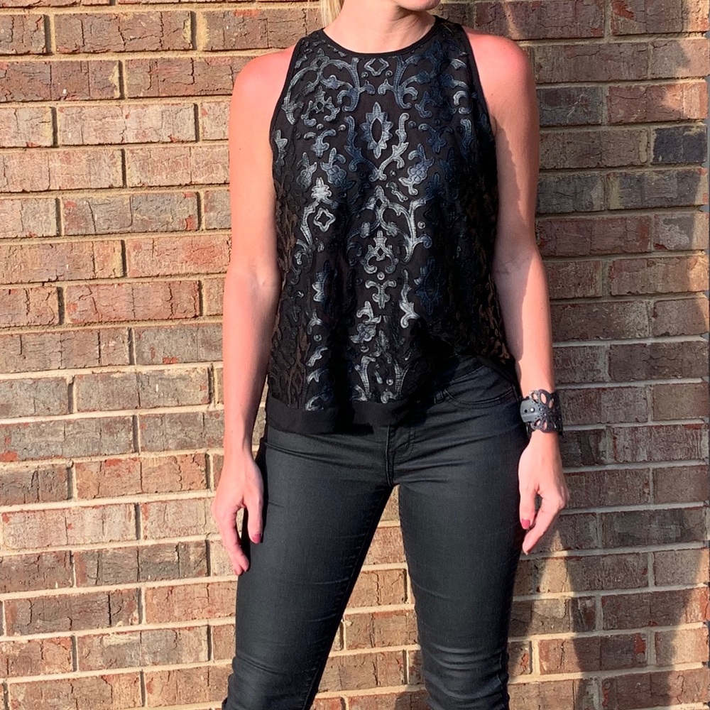 Analili Black Top with Pleather Embroidery